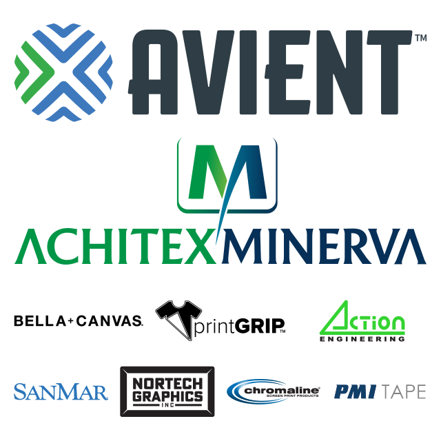 Sponsor panel featuring top-tier sponsors Avient and Achitex Minerva, along with Bella+Canvas, PrintGrip, Action Engineering, Sanmar, Nortech Graphics Inc., Chromaline, and PMI Tape.