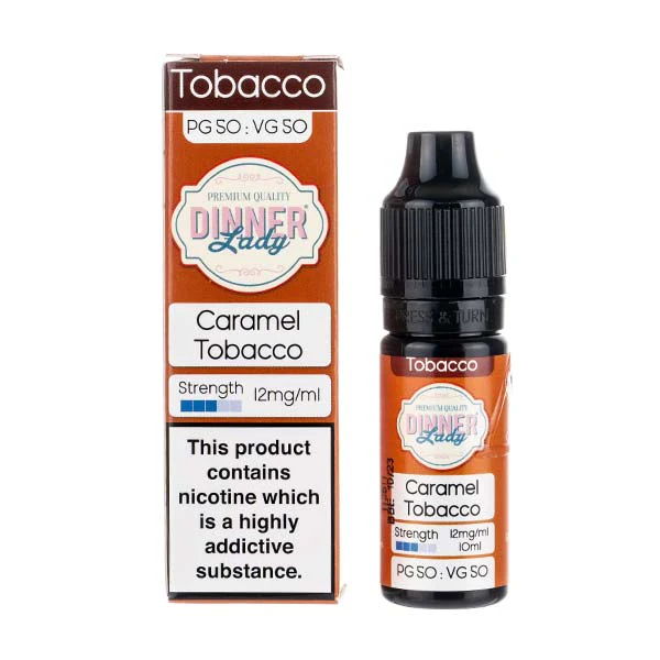 Bottle of caramel tobacco e-liquid with packaging and warning label.