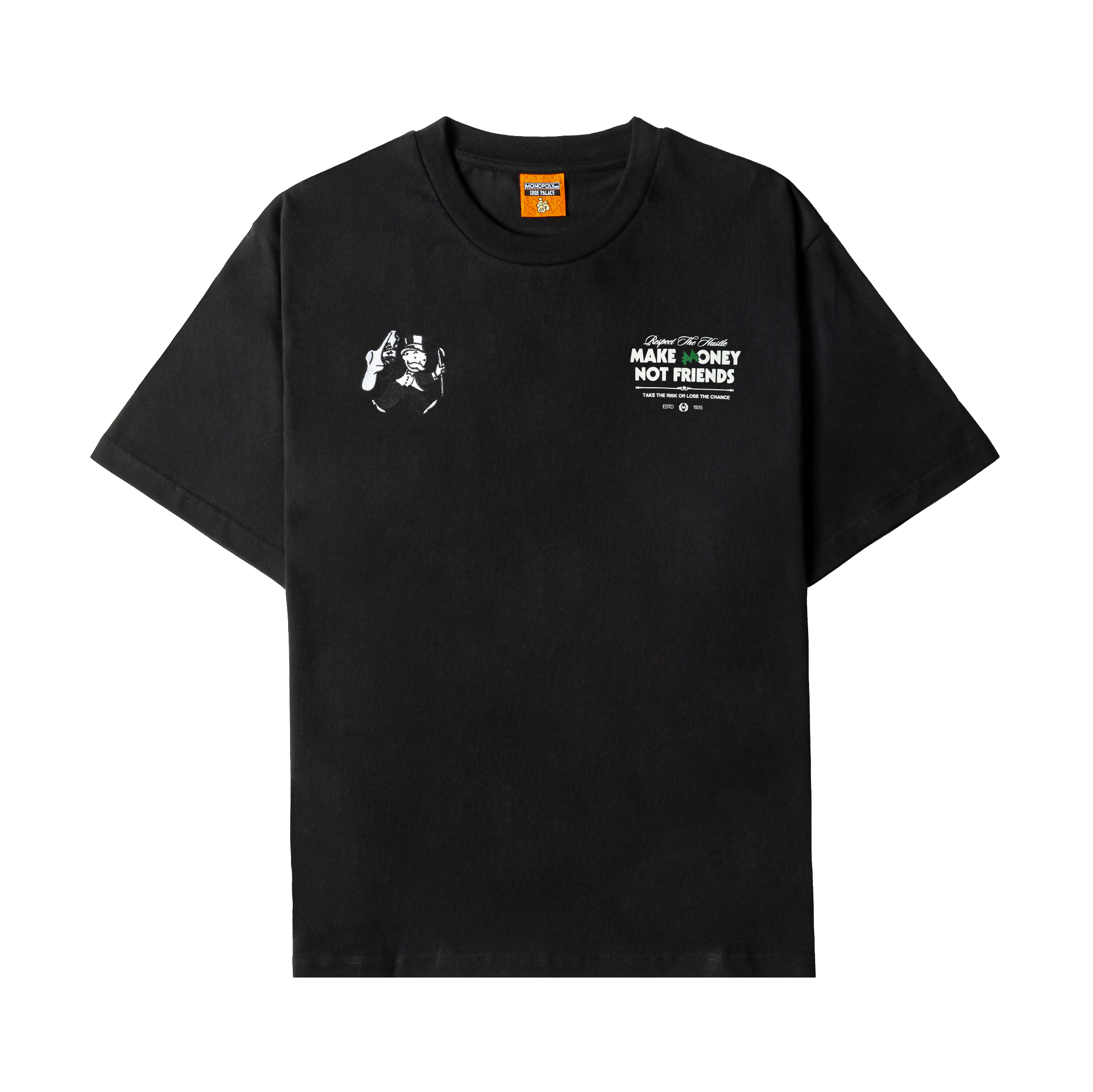 Black t-shirt with graphic prints on the front.