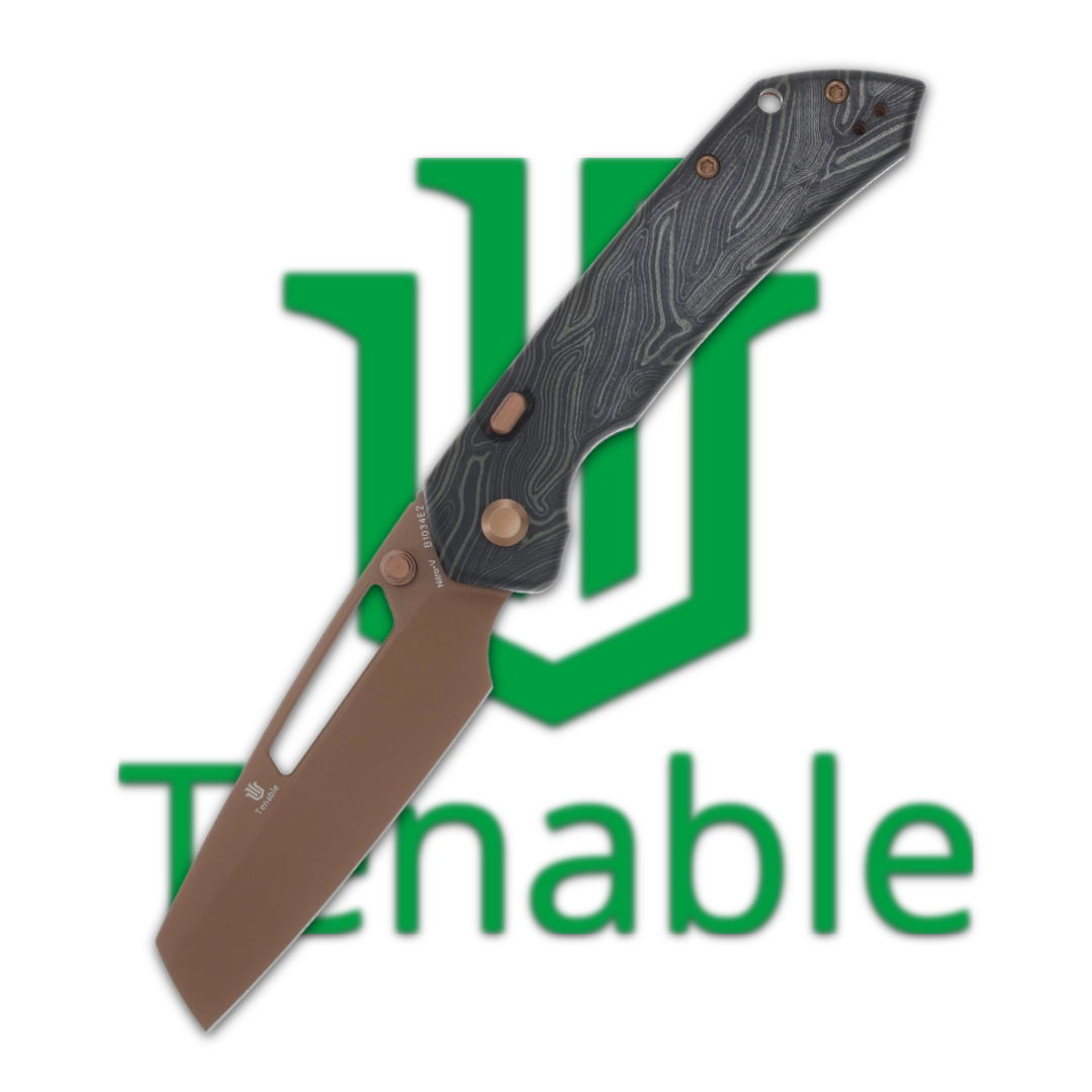 A folding knife in front of the Tenable logo.