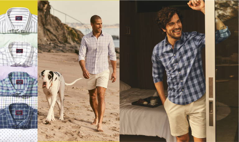 Image on the left shows model wearing UNTUCKit Ferguson button down and St Vincent shots. Image on the left shows model wearing UNTUCKit Wheeler button-down.