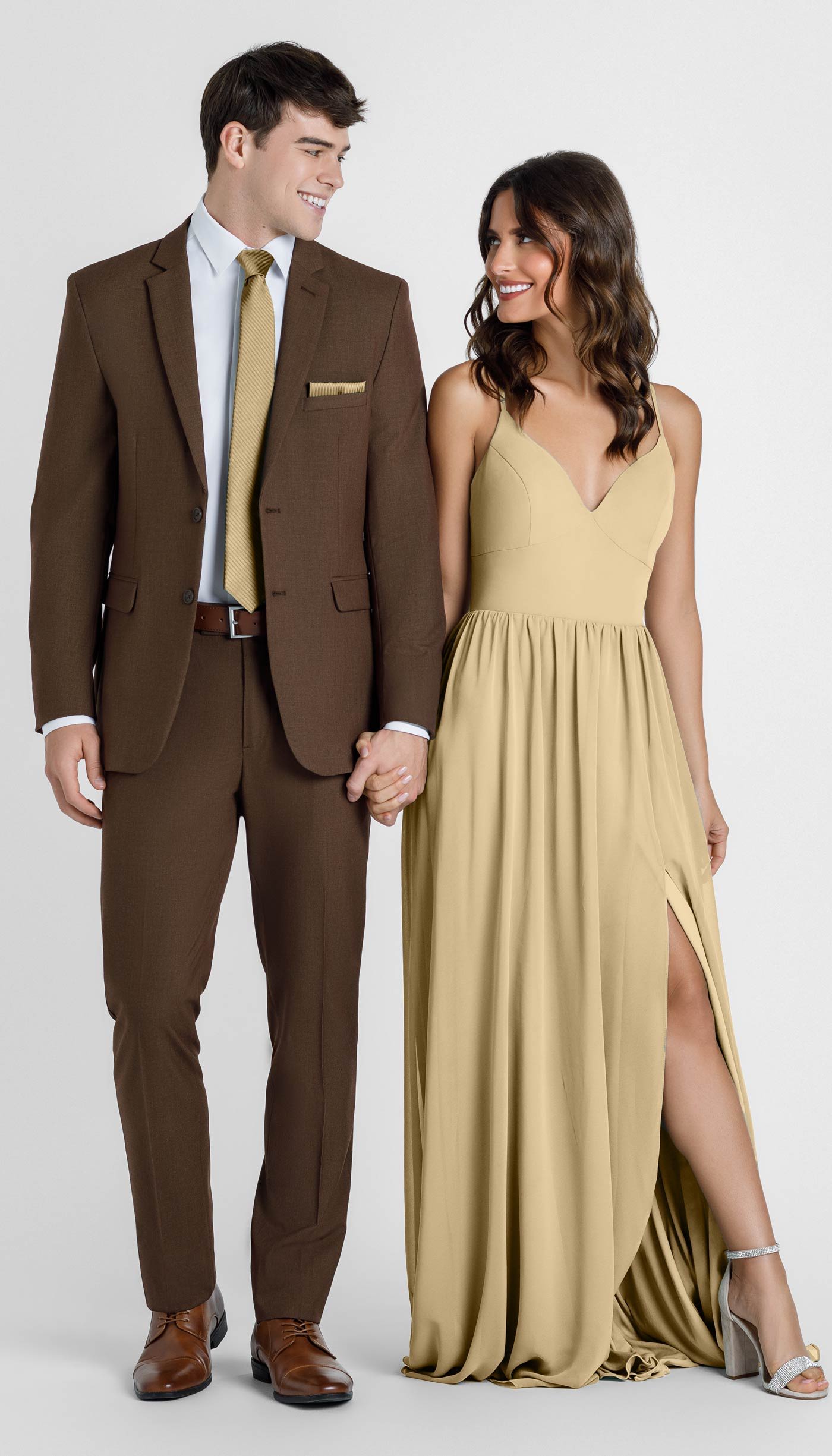 cocoa suit with champagne bridesmaid dress