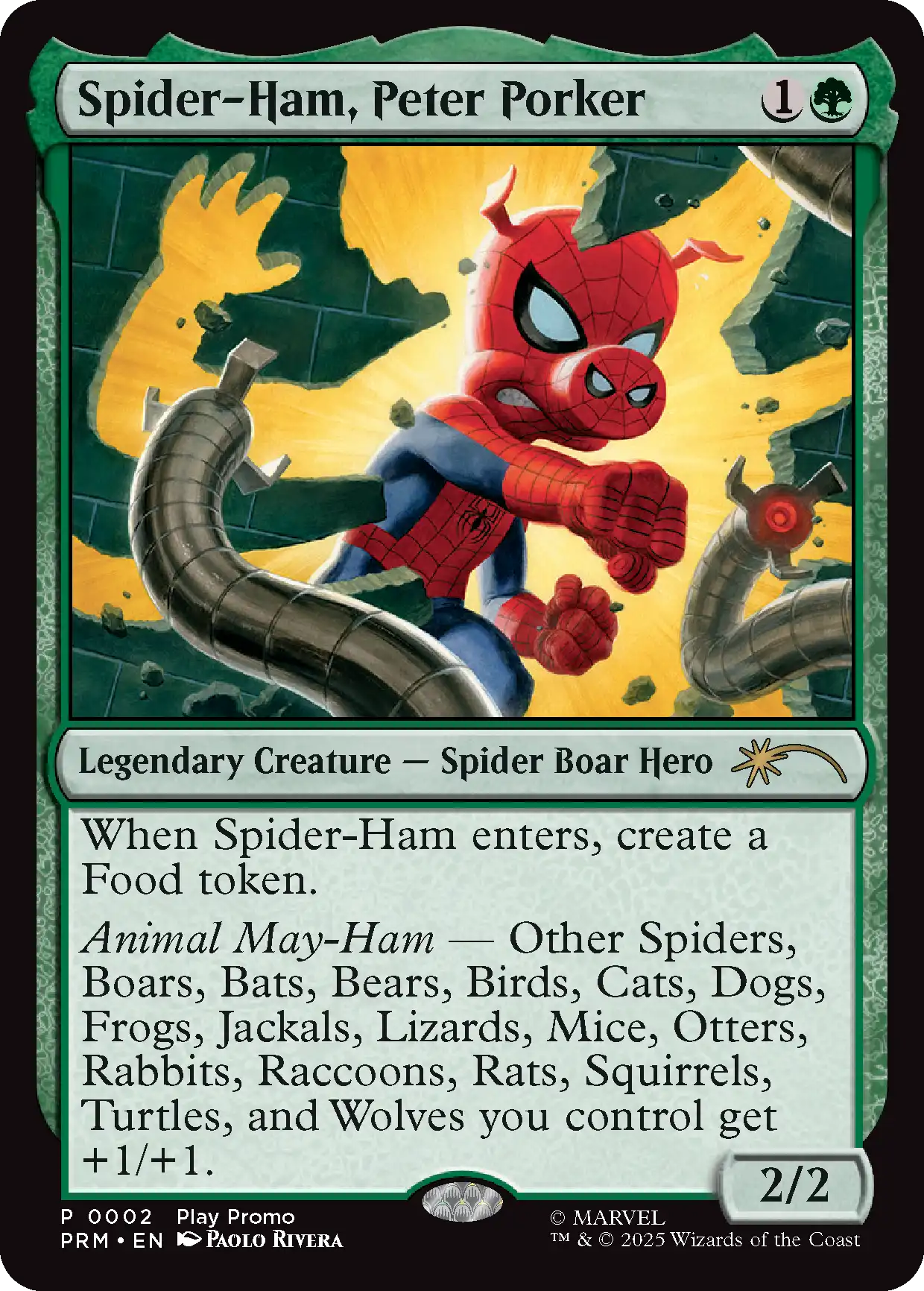 Spider-Ham, a cartoon pig superhero, with abilities to create food tokens.