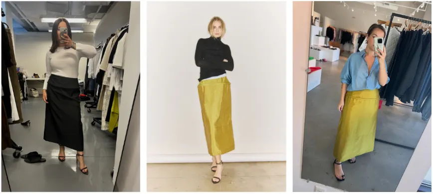 Three women modeling different outfits featuring skirts.