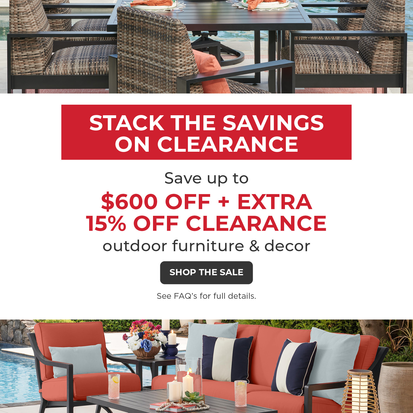 Promotional image for outdoor furniture clearance sale with discounts.