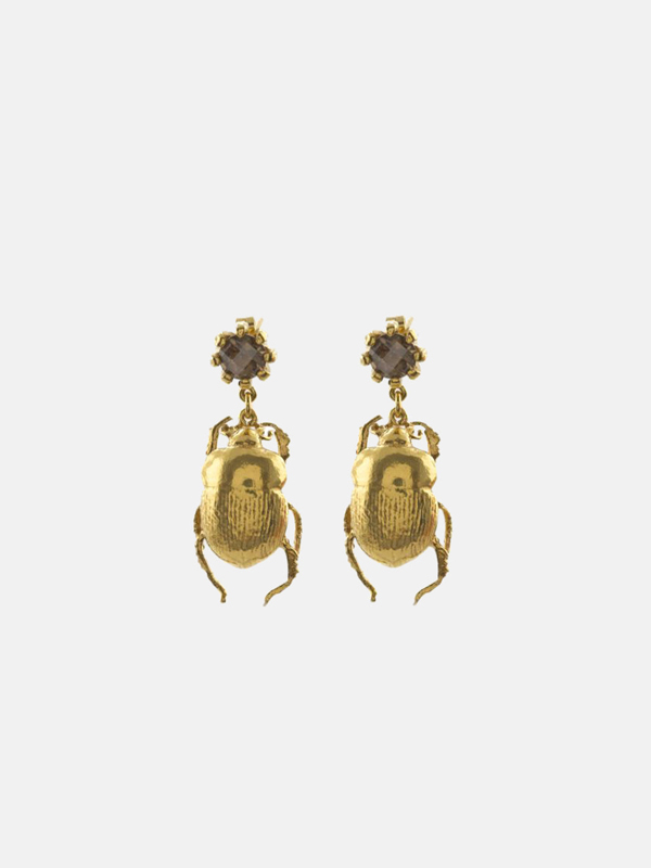 A product image of Alex Monroe's gold Beetle Drop Earrings.