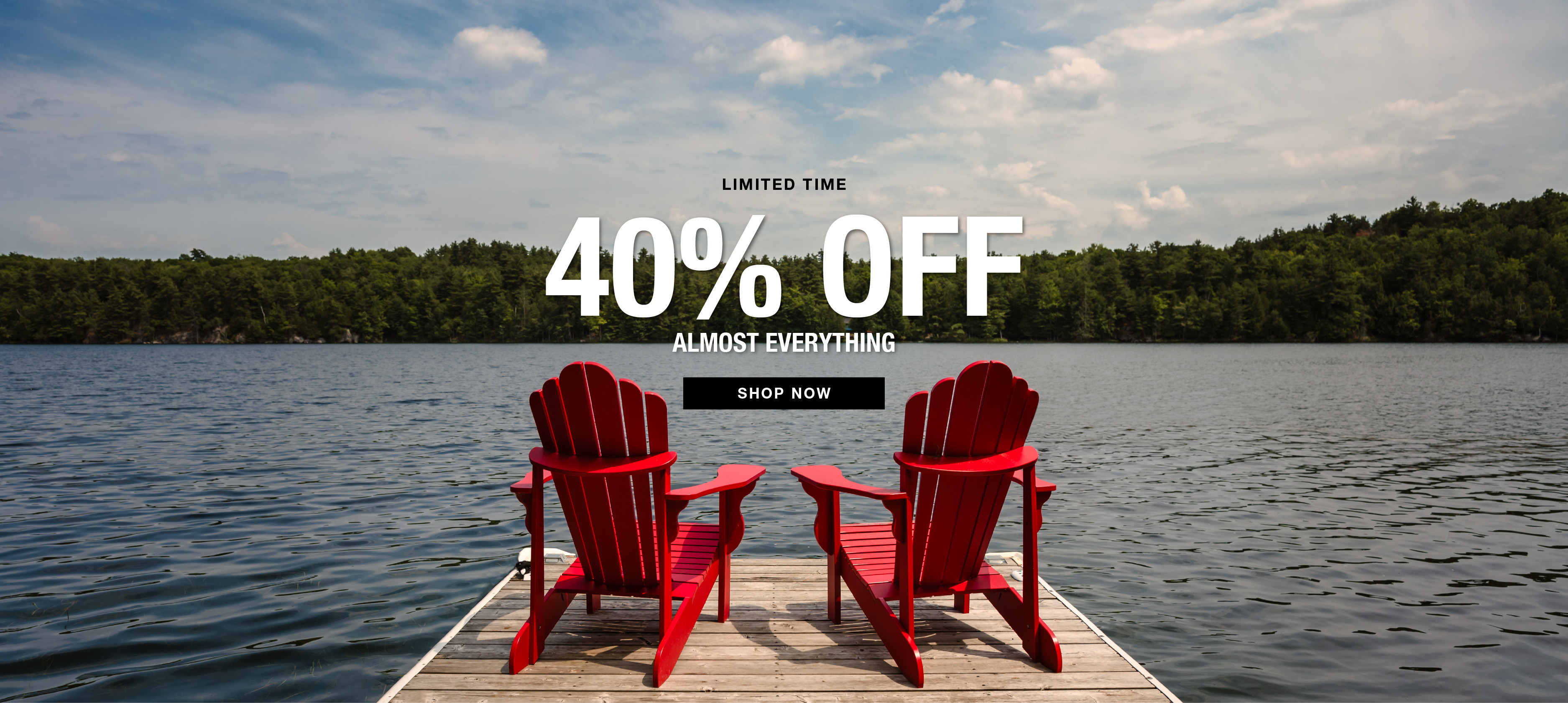 Two red chairs on a dock by a lake with a discount text overlay.