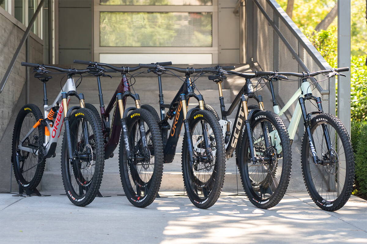 Mountain bikes in a line