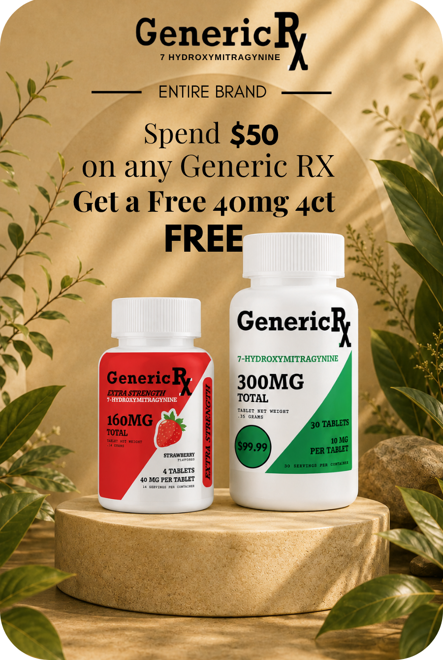 Generic RX promotional image featuring two supplement bottles with a discount offer.
