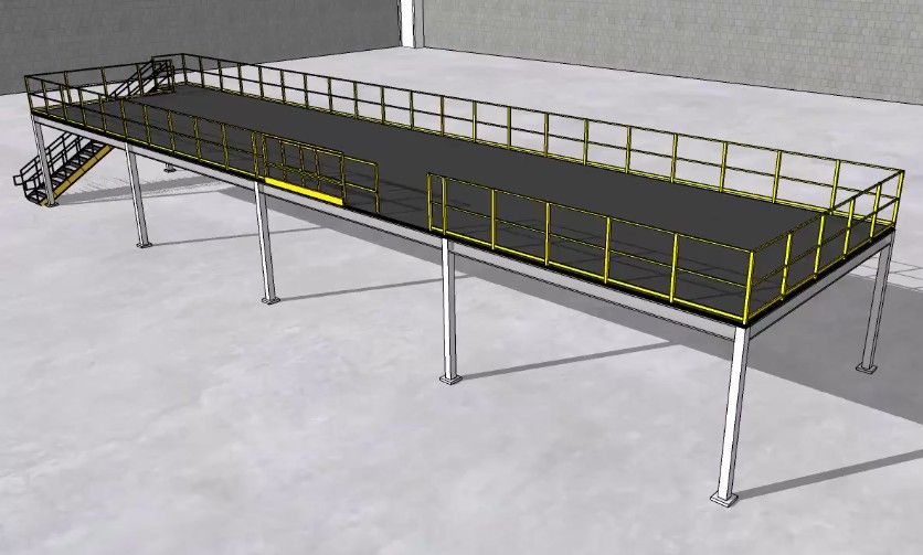 Industrial platform with railings, elevated above a flat surface.