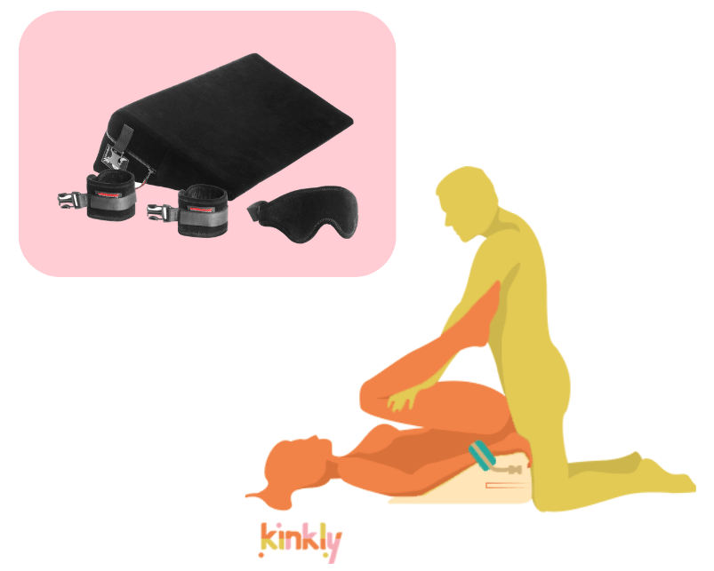 Liberator Black Label Wedge shown next to an illustrated Bind and Bang Sex Position. The receiving partner lays on their back with their hips propped up in the air by the Wedge. Their wrists are bound to the Wedge. The penetrating partner kneels up against the Wedge for sex. | Kinkly Shop