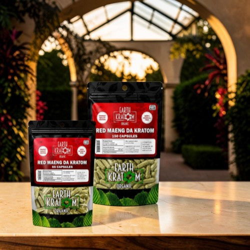 Bags of kratom on a table in a garden setting.