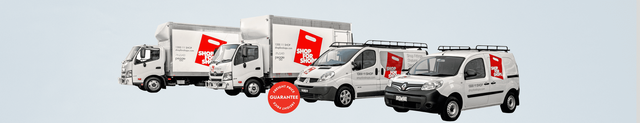 A lineup of delivery vehicles with a prominent logo.