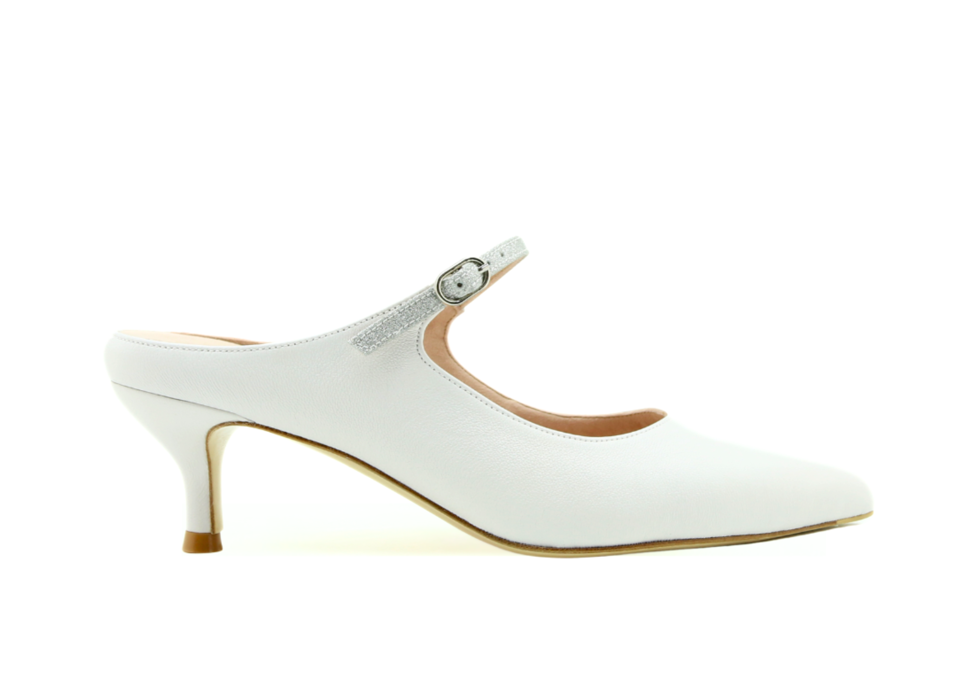 A pair of elegant white heeled mules with a strap.