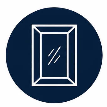 Icons representing real glass, solid wood, handcrafted, and museum quality.