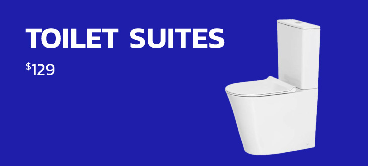 White toilet suite on blue background with price of $129.
