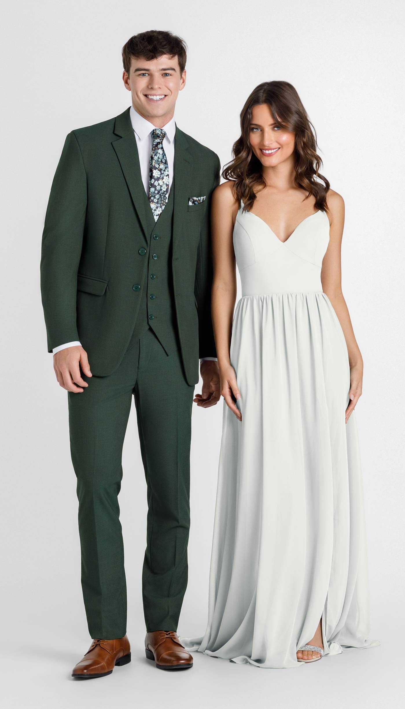 Olive green suit with ivory bridesmaid dress
