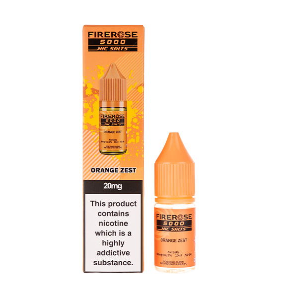 Elux Firerose5000 Orange vape juice bottle with box, labeled 20mg nicotine, warning included.