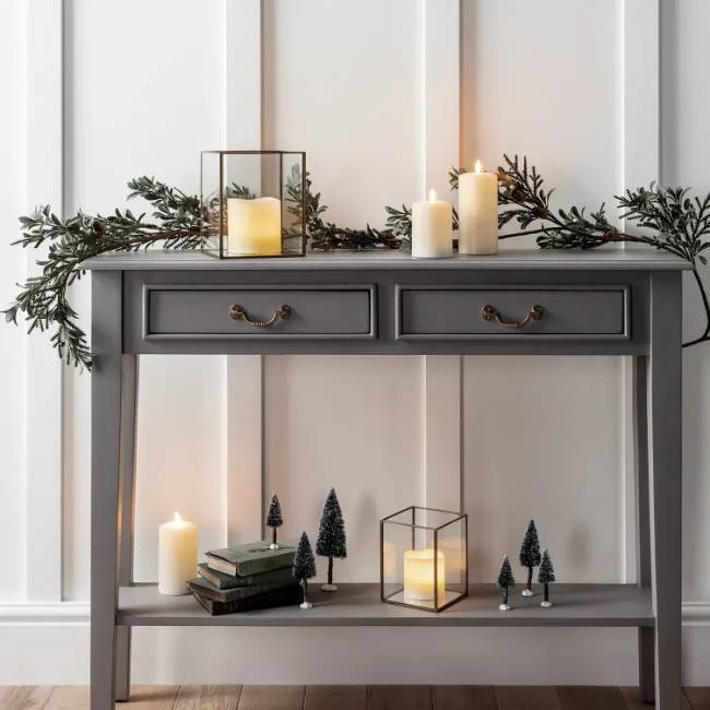 A side table with draws decorated with candles, mini Christmas trees, books and a garland.