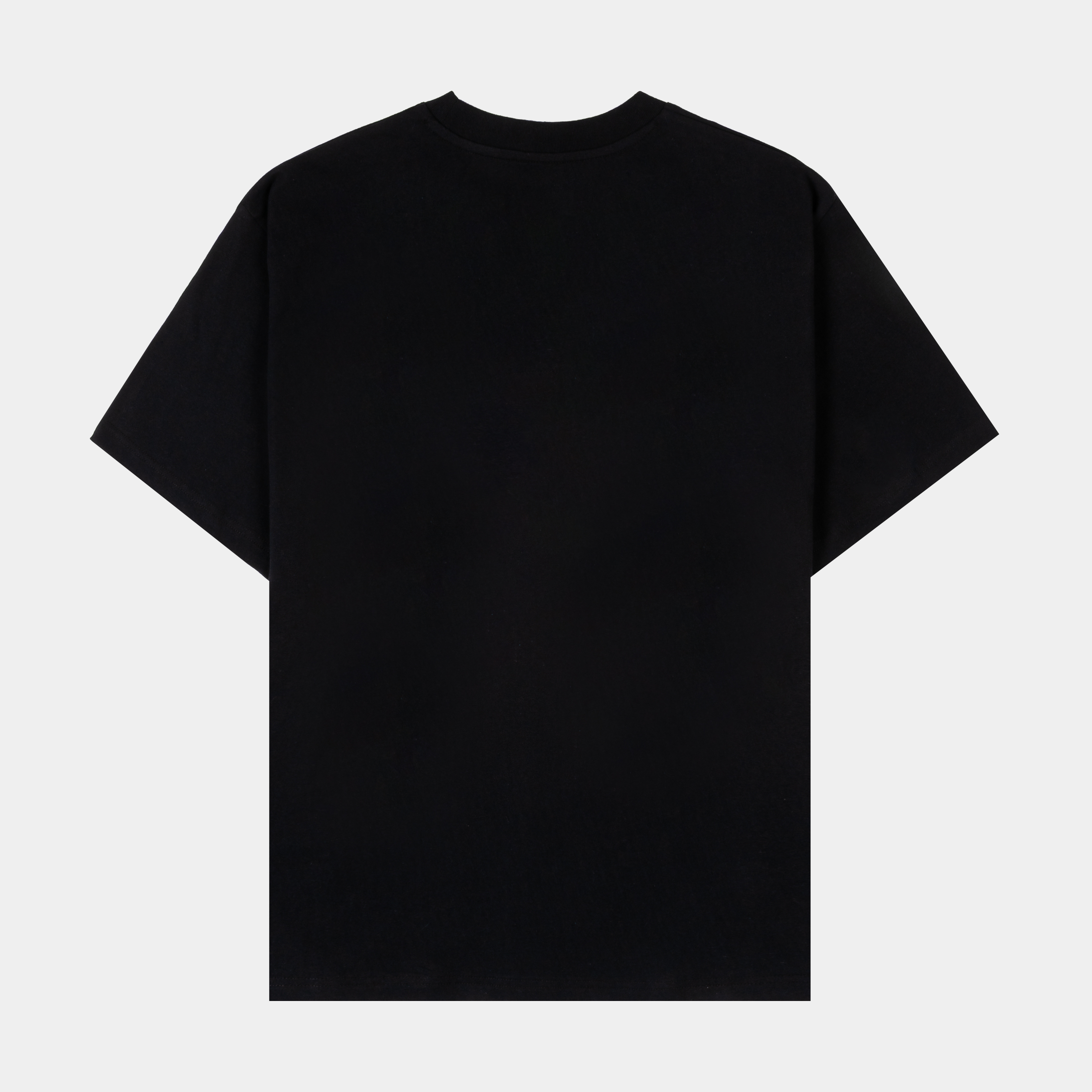 Black t-shirt featuring colorful cartoon characters on the front.