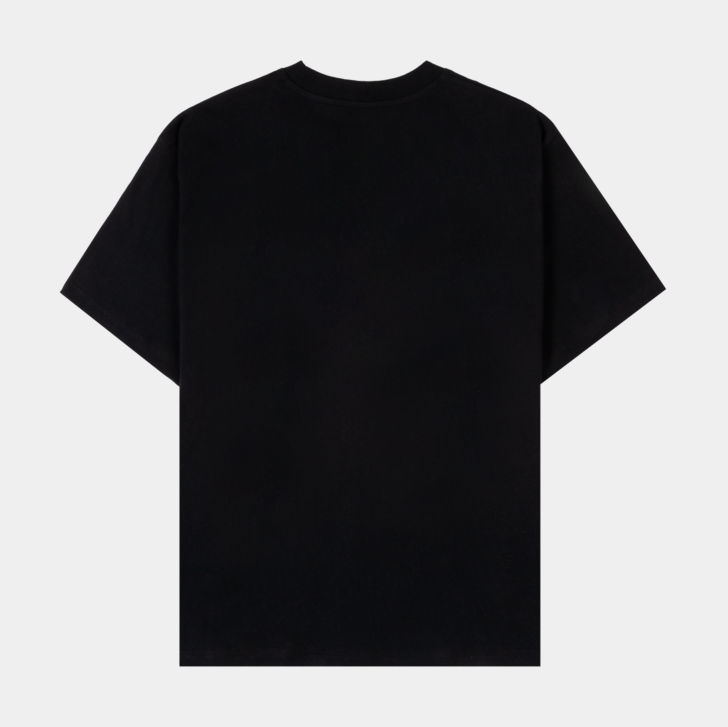 Black t-shirt featuring colorful cartoon characters on the front.