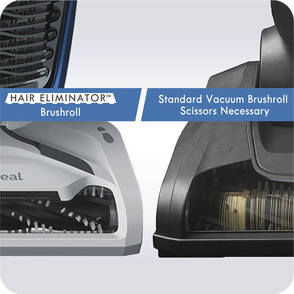 Side by side comparison of a vacuum with Hair Eliminator™ brushroll and average vacuum that requires scissors to clean brushroll