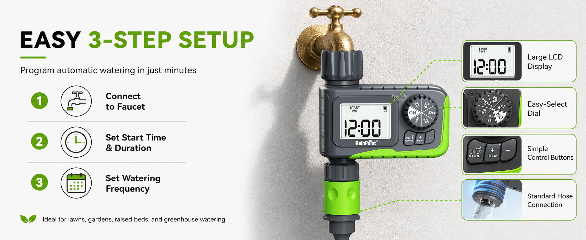 Easy 3-step setup for a garden watering timer.