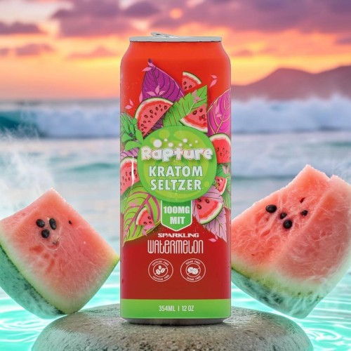 A can of watermelon-flavored seltzer with watermelons on a beach background.