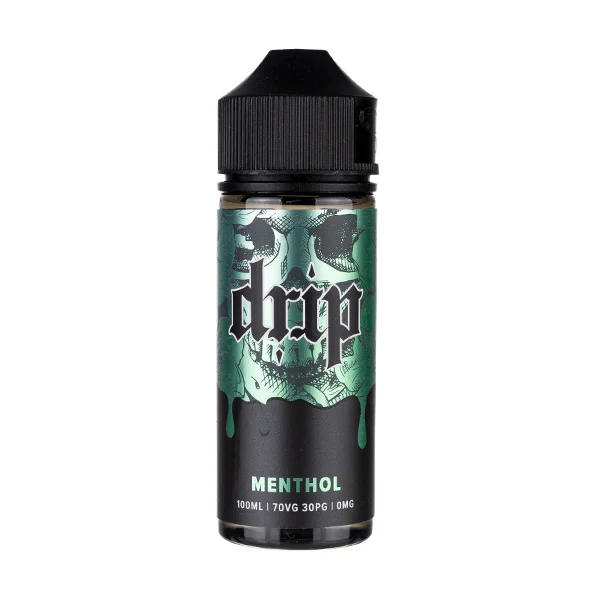 Bottle of menthol vape juice with black and green design.