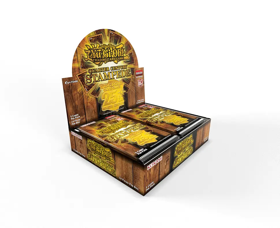 Display box of snack products with a wooden design and yellow branding.