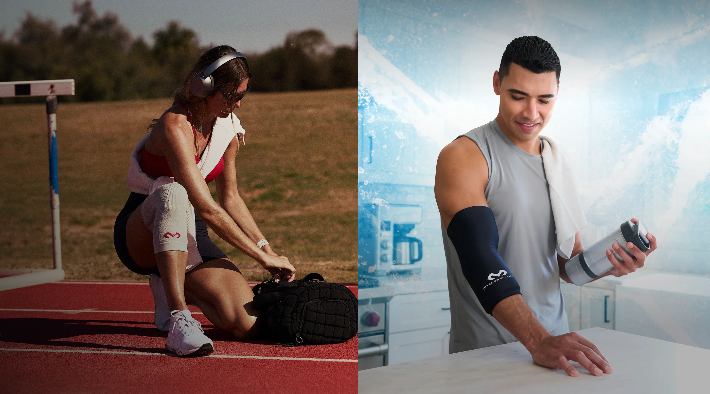 Athlete preparing for training and another in a gym setting with supplements.