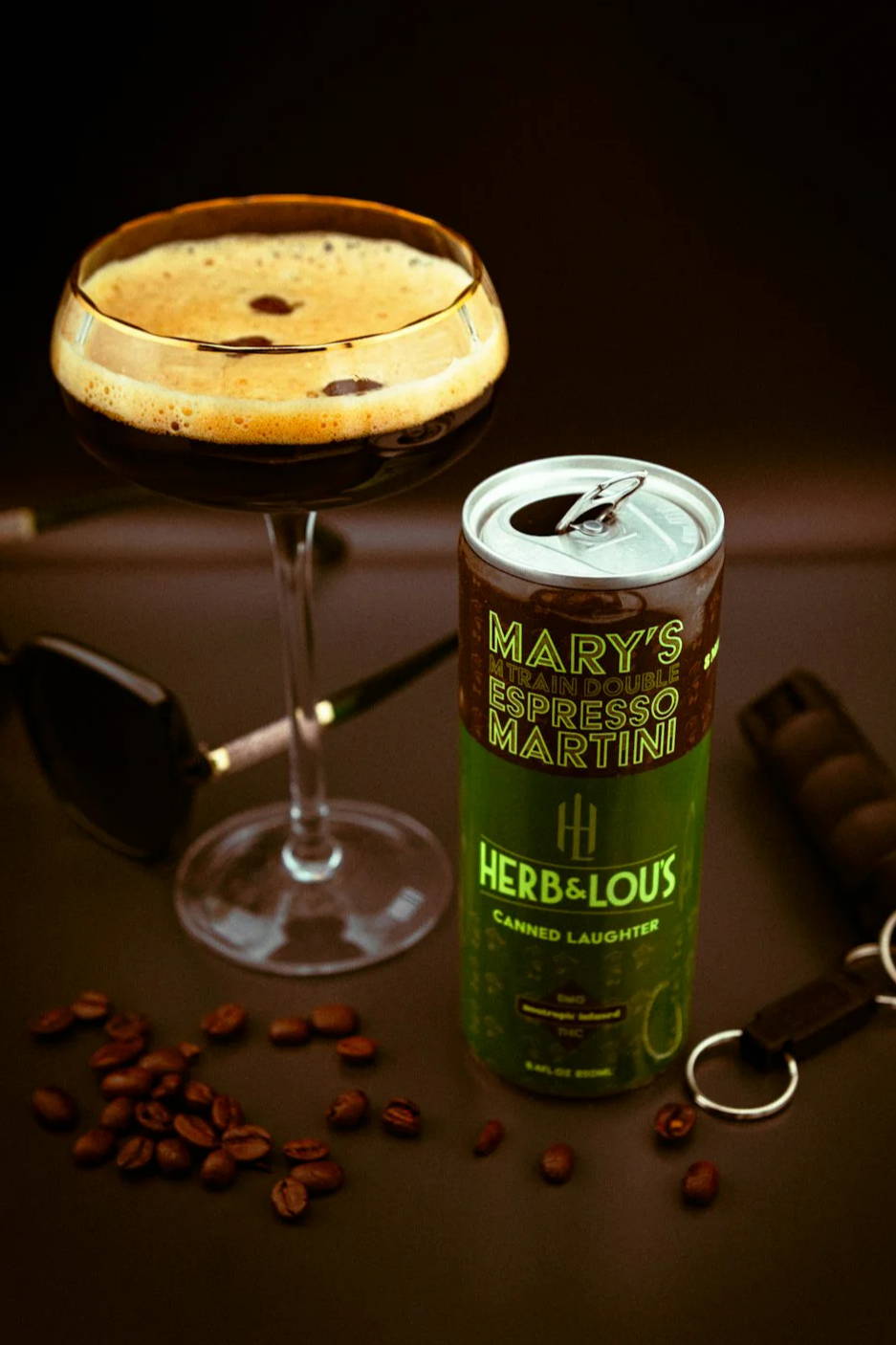 Espresso martini with canned beverage and coffee beans