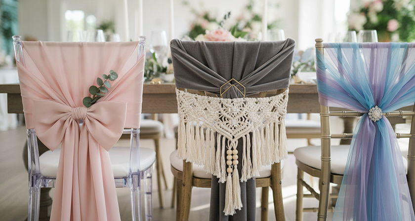 Wedding chair decorations: pink chiffon, grey velvet with macramé, and purple tulle.