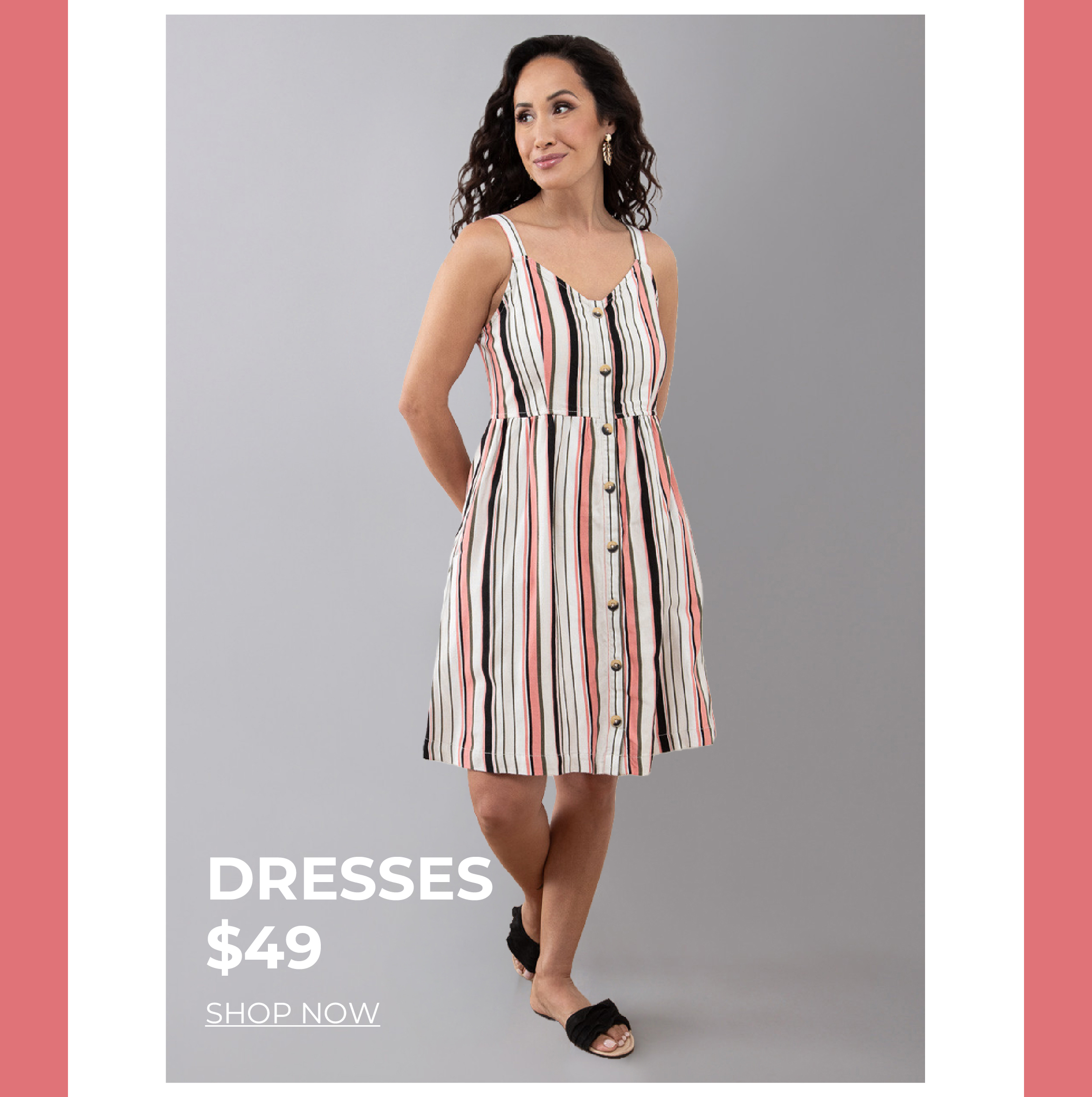 Woman in a striped dress, priced at $49, standing against a gray background.