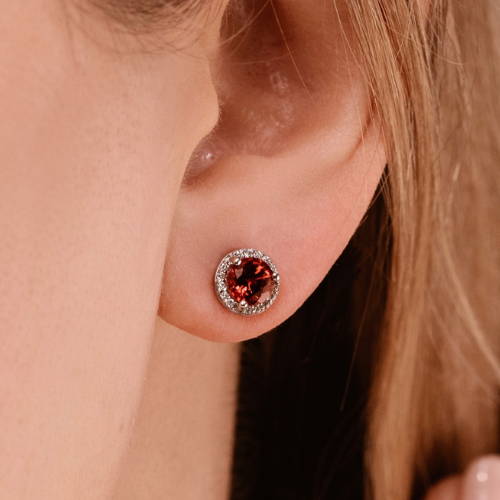 diamond halo classic stud earrings featuring lab grown rubies by MiaDonna