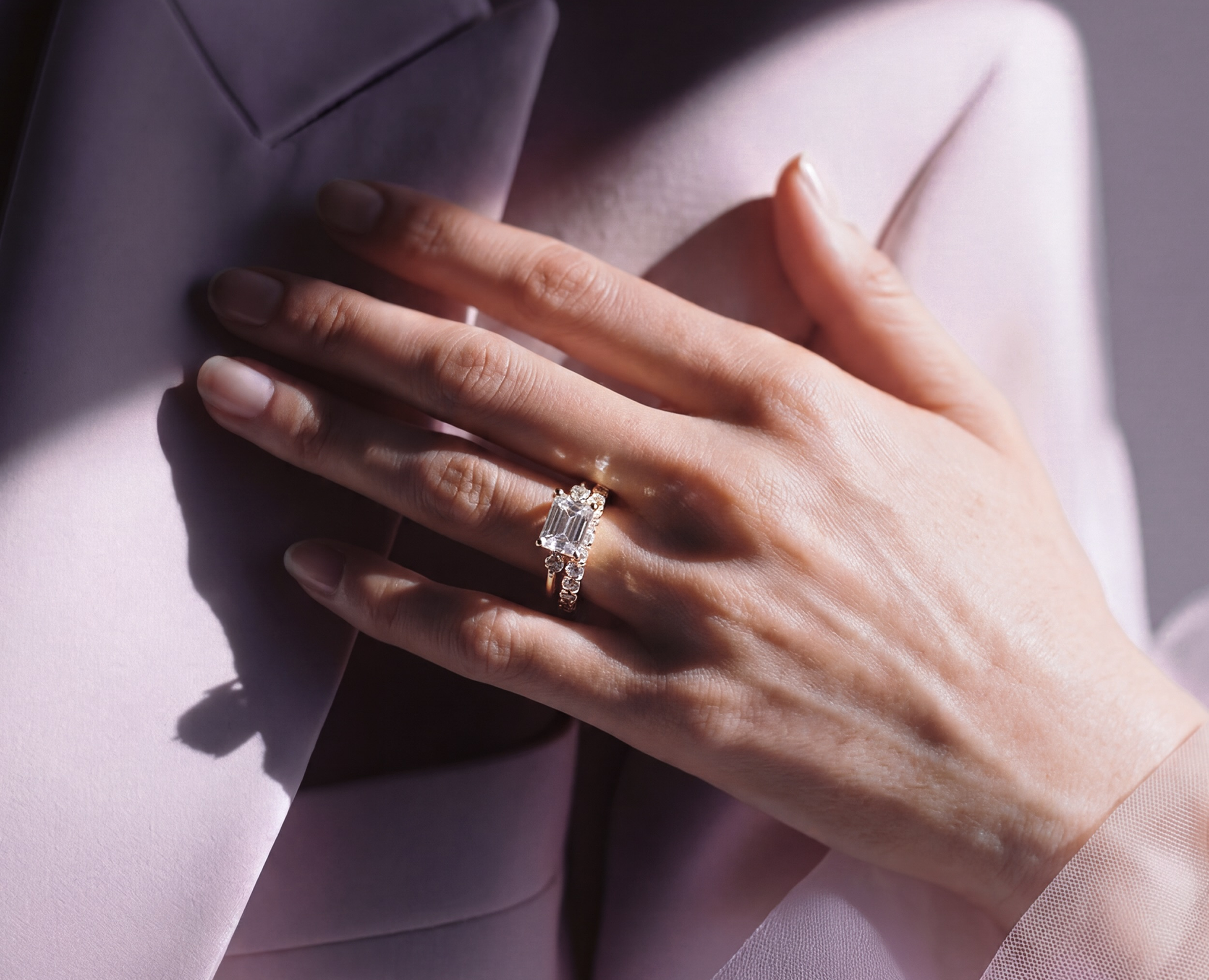 A hand with a ring resting on a suit jacket.