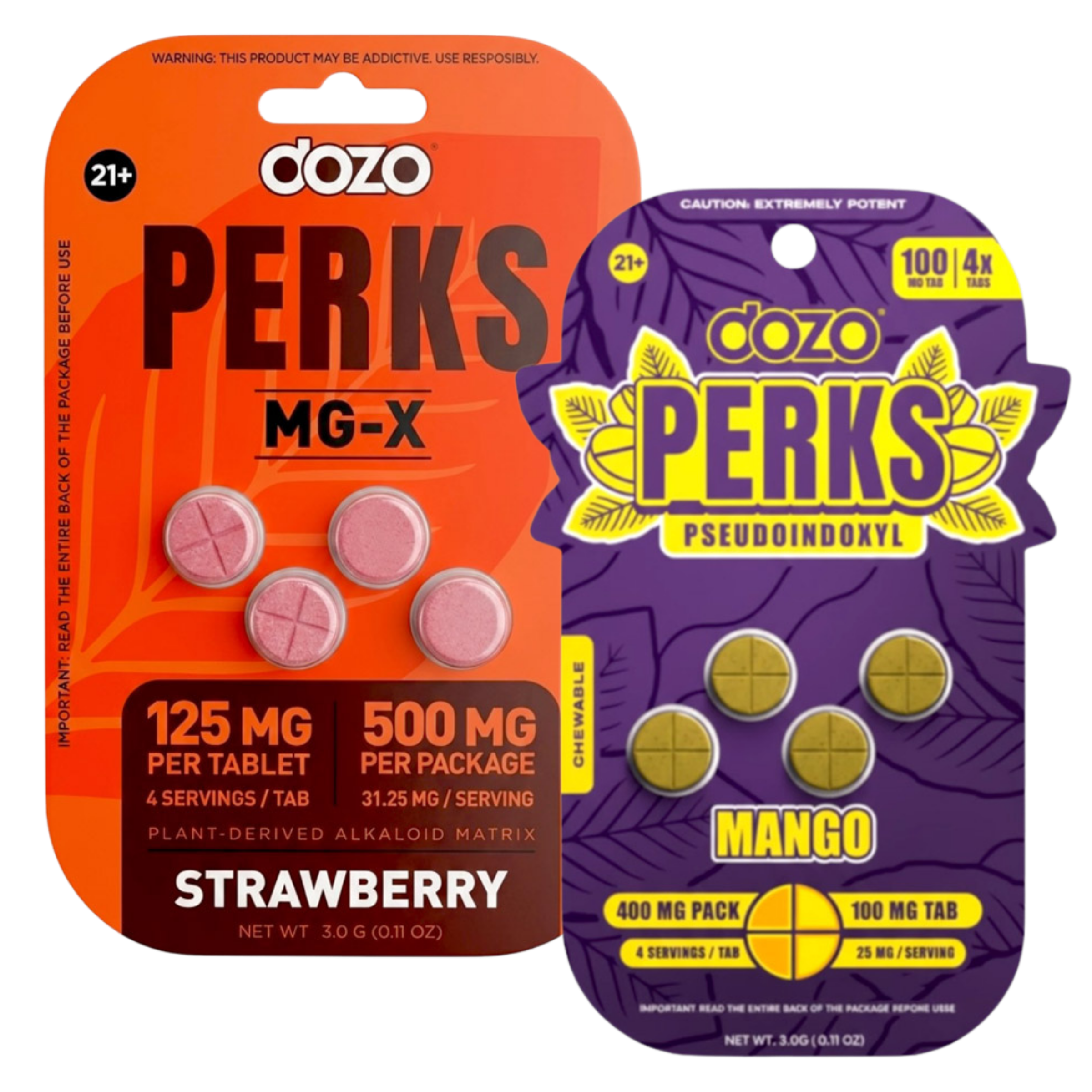 Two packages of Dozo Perks, one strawberry and one mango flavor.