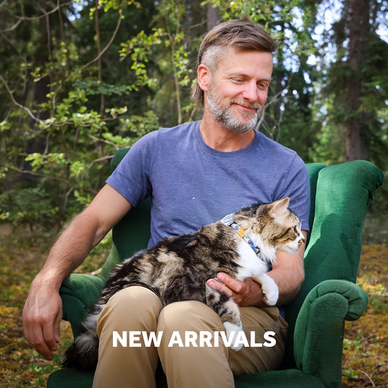 Man sitting in a green chair holding a cat outdoors.