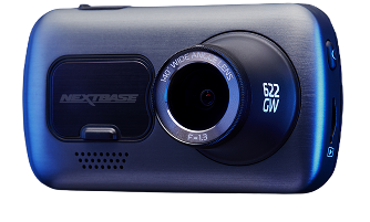 A compact dash camera with a lens and blue lighting effects.