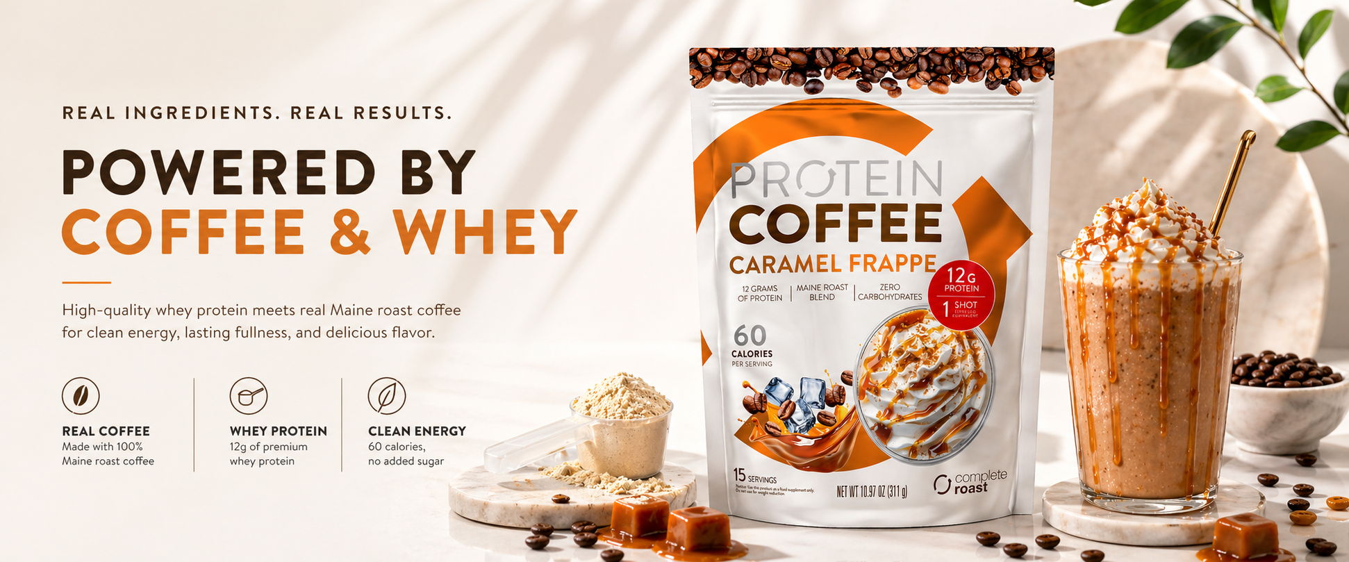 Product advertisement for coffee and whey protein with a beverage.