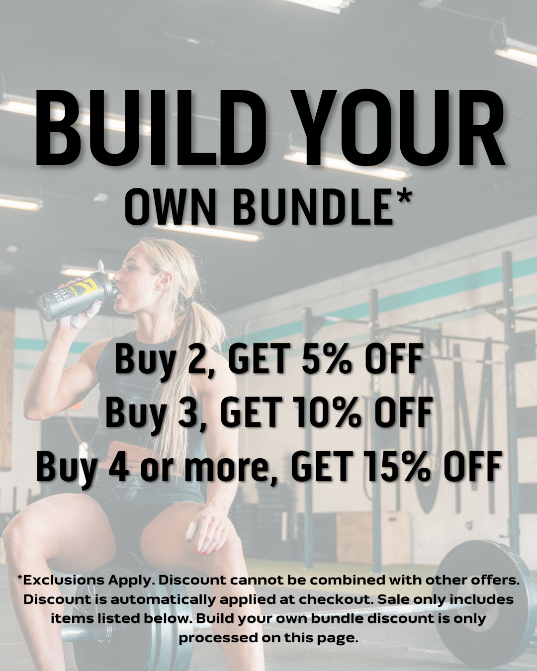 promotional text overlayed on an image of a woman drinking from a blender bottle in a gym setting