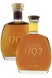 Two bottles of 1792 bourbon whiskey, featuring different labels and colors.
