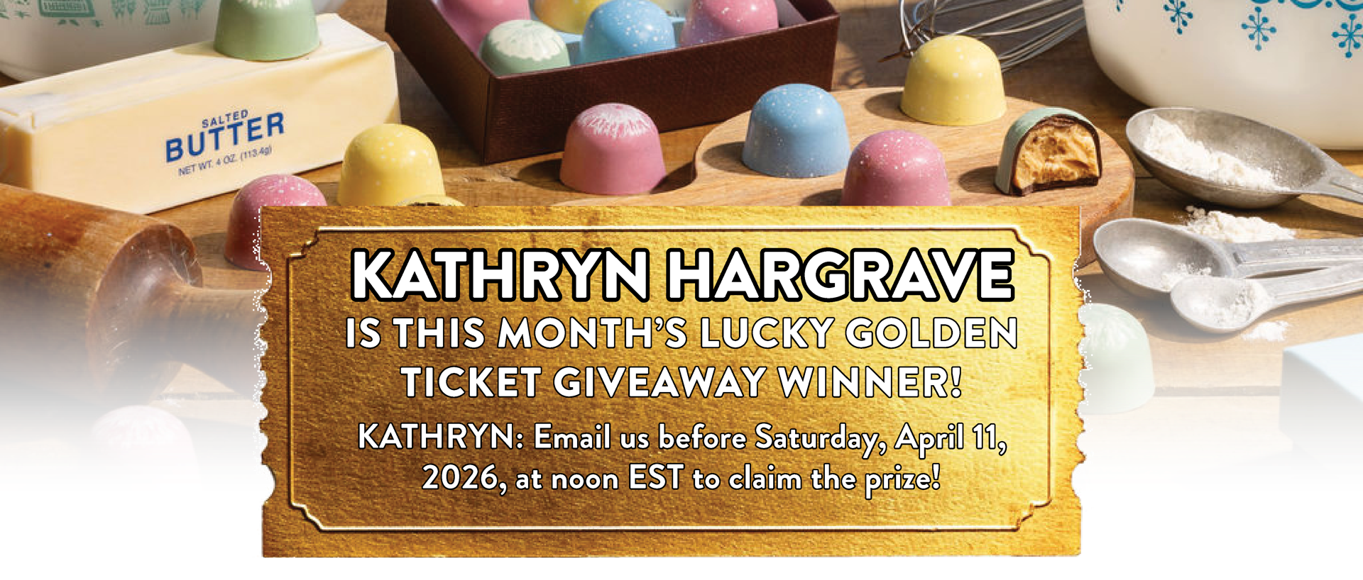 Archived April 2026 Golden Ticket graphic naming Kathryn Hargrave and an April 11, 2026 claim deadline.