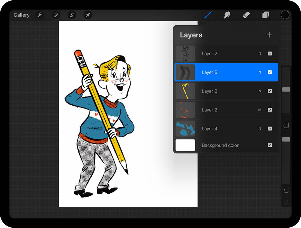 Procreate layers panel showing halftones and colors of Valentines card character on separate  layers