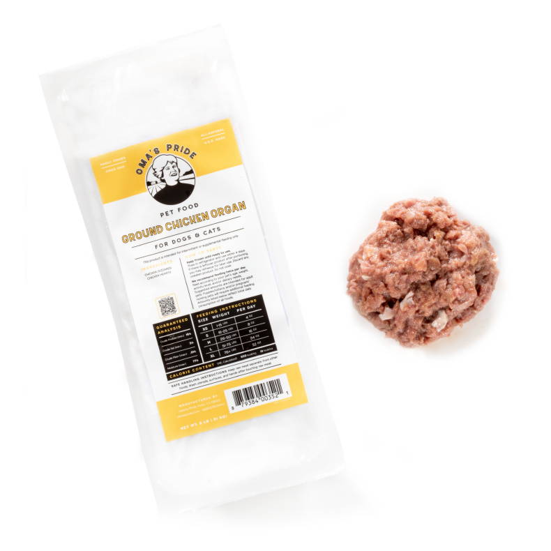 Raw ground chicken organ product from Oma's Pride.