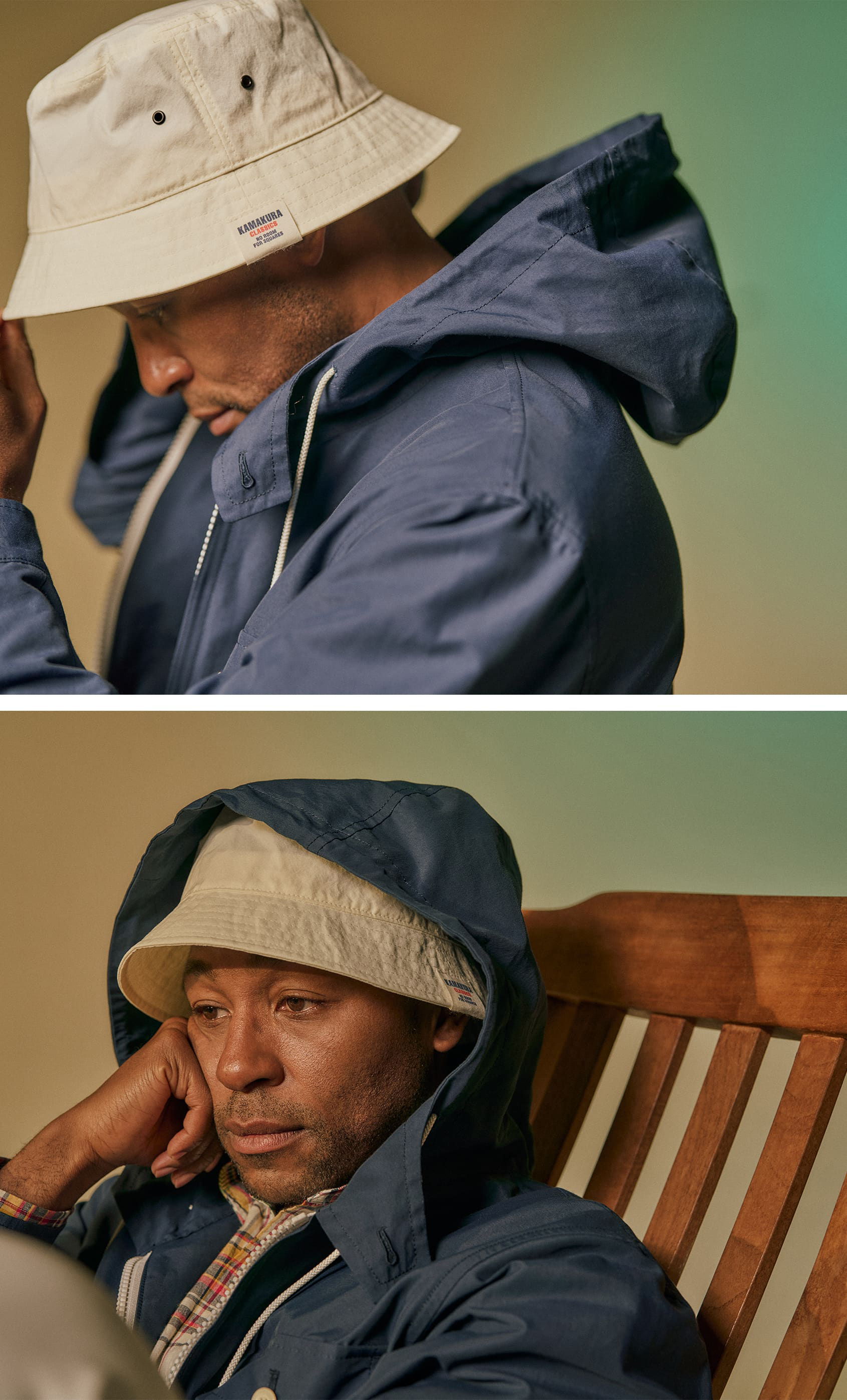 Person wearing a bucket hat and jacket, looking contemplative.