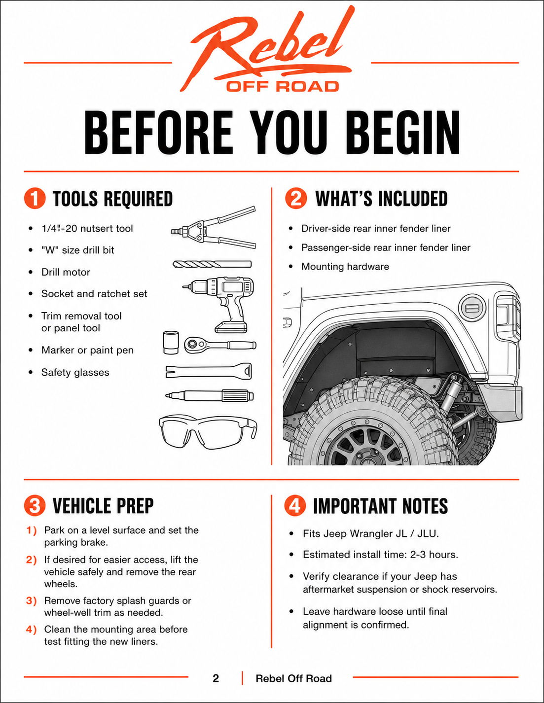 Rebel Off Road installation guide with tools required and vehicle preparation notes.