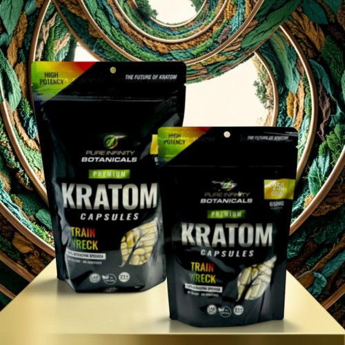 Two bags of Kratom capsules on a table.