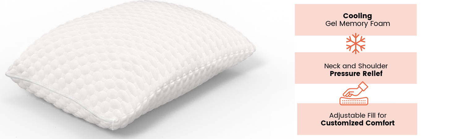 Copper infused pillow on a white background that has cooling gel memory foam, gives neck and shoulder pressure relief, and is customizable with adjustable fill for comfort.