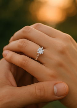 Close-up of an engagement ring on a woman’s hand with a warm, romantic background.
